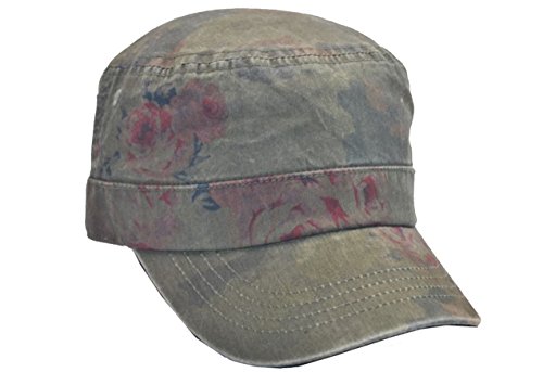 Fashion Floral Adjustable Cadet Cap Military Army Twill Hat, Olive