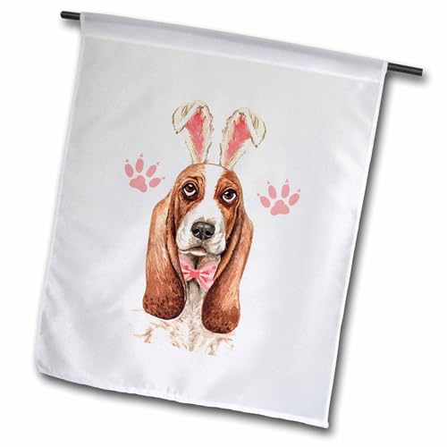 3dRose Easter Basset Hound Dog Pink Bunny Ears and Matching Bow - Flags (fl-378912-1)