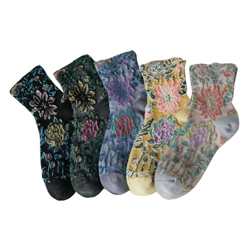 Vintage Embroidered Floral Socks for Women, Combed Cotton Crew Socks (5 Pairs-Set A)