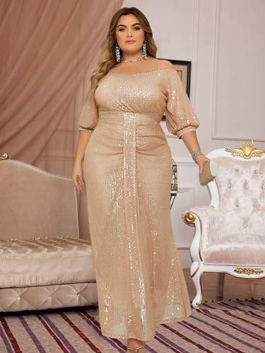 Madam Uniq Women Plus Size Short Sleeve Sequin 1920s Dress Off Shoulder Maxi Formal Cocktail Wedding Party Evening Gown4