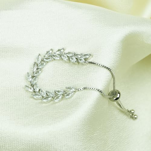 Crystal Leaf Bracelet for Women Adjustable Cubic Zirconia Tennis Chain 18K Gold Plated Bridal Wedding Jewelry4