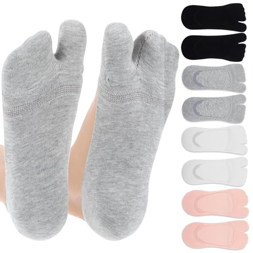 4 Pairs Flip Flop Socks, 4 Colors Tabi Socks, Low Cut Flop Sock, Japanese Toes Separated Sock for Flip-Flop and Geta, Non Slip No Show Stocking for Women and Men (Black, White, Gray, Flesh-Pink)