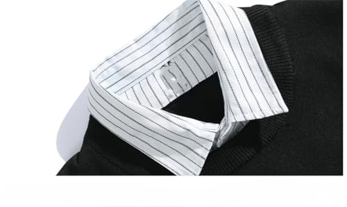 Men Women College Style Knit Sweater Striped Fake Two Piece Lapel Casual Loose Pullover4