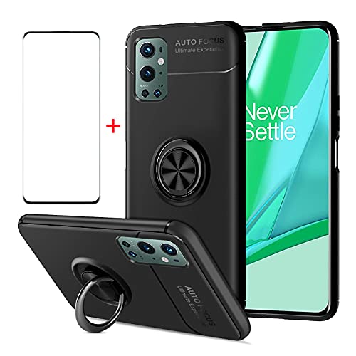 Akabeila siliconen telefoonhoesje en schermbeschermer voor de OnePlus 9 Pro. Compatibel met de OnePlus 9 Pro. Siliconen telefoonhoesje met standaard, ringhouder, schokbestendig gehard glas, zwart