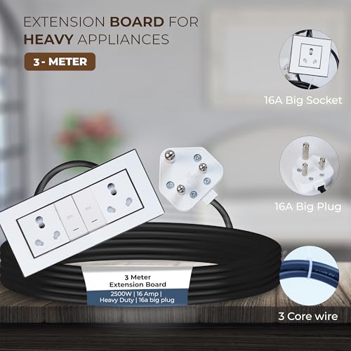 Image of Extension Board Heavy Duty Multi Socket 15A /16A /20 (2500 Watts 16A Big Plug and Two 16A Socket and Two 20A Switch, 3 Meter)