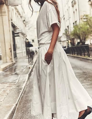 Zontroldy Women's Fashion Midi Skirt Elastic Waist Pleated Casual Cotton Long Skirts with Pockets4