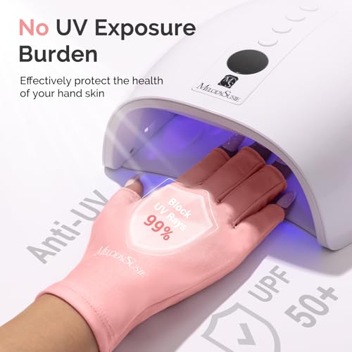 Image of MelodySusie Premium UV Protection Gloves for Manicures, Cool Feeling Fabric,Professional UPF50+, UV Nail Gloves for Gel Nail Lamp, Anti UV Light, Skin Care Fingerless Design, Nude Pink
