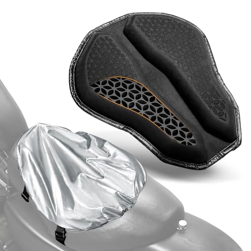 PBYMT Motorcycle Seat Cushion with Set Cover, Motorcycle Gel Seat Pad Large Shake Rider Cushion 3D-Honeycomb Structure TPE Shock Absorption and Breathable for Long Rides