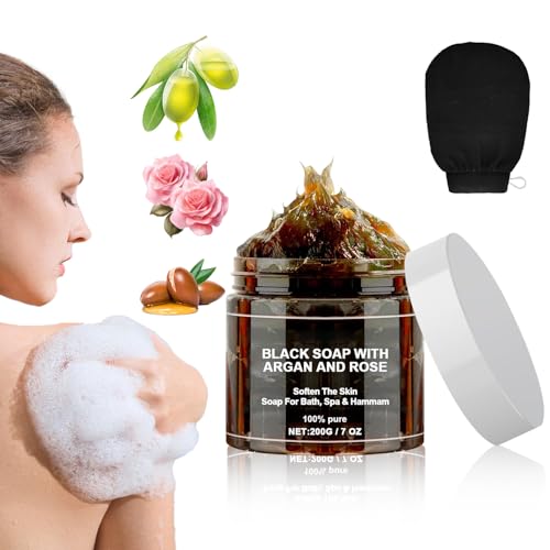 satasiam Morocco Black Soap With Argan And Rose Morocco Black Beldi Soaps Blacks Soap Bar Exfoliating Soaps Moroccan BlackSoap Hammam Moroccos Body Scrub with Exfoliating Glove (1)