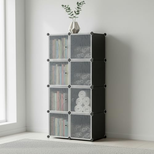 Image of Amazon Basics Plastic Modular Wardrobe Storage Cabinet for Home | 8 Cube Organizer with Doors | DIY Foldable Closet for Clothes, Shoes & Accessories | Black | 75 x 37 x 146 cm