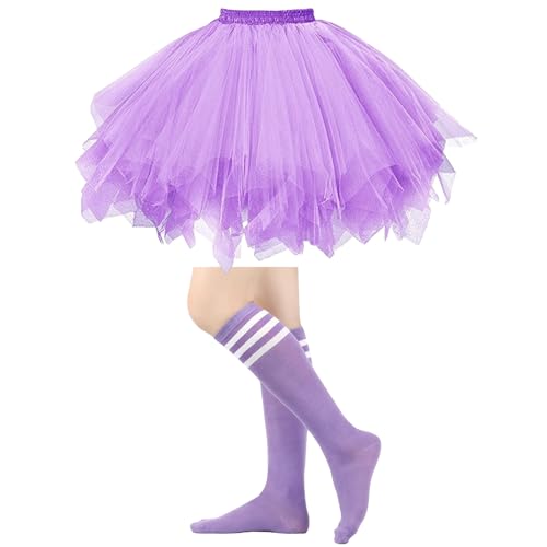 Popuid Fluffy Tulle Tutu Skirt Costume Satin Lined Skirts with Striped Socks for Halloween Run Spirit Week (Light Purple Medium)