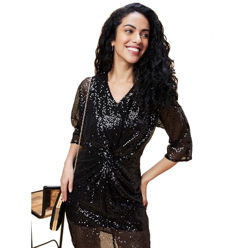 Image of Globus Women Black Embellished V-Neck Twisted Party Above The Knee Bodycon Dress-3639395001, Small