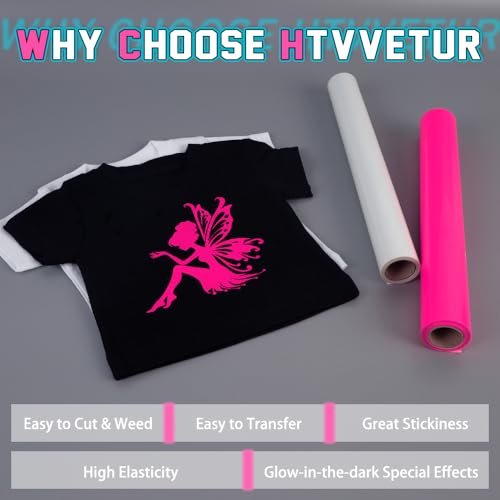 Image of HTVVETUR Glow in The Dark HTV Heat Transfer Vinyl Roll 12 Inch by 10 Feet Iron on DIY for T-Shirt PU Stretch Elastic HTV Vinyl (Dark in Glow Neon Pink, 10FT)