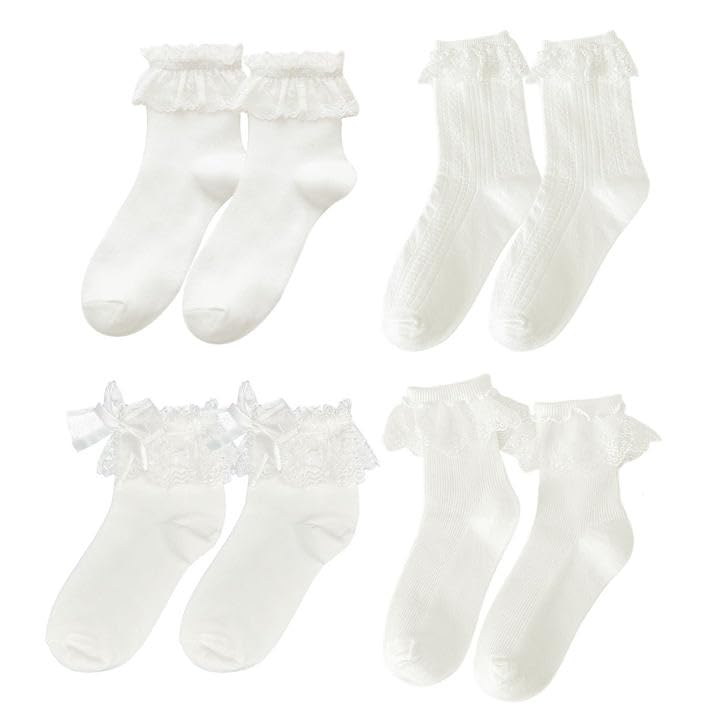 SKHAOVS 4 Pares Calcetines de Tobilleros de Lolita de Encaje con Volantes con Lazo, Calcetines de Tobilleros de Algodón Blanco de Encaje Volantes,Punto Calcetines Casuales de Color Sólido (Blanco)