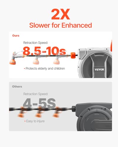 Image of VEVOR Retractable Garden Hose Reel, 1 /2 Inch x 84 ft Wall Mounted Heavy Duty Garden Hose Reel with 9 Patterns Nozzle, Any Length Lock, Upgraded Slow Return System and 180Swivel Bracket | Heavy Duty Garden Tool with 9 Patterns Nozzle, Any Length Lock, Upgraded Slow Return System, 180 Swivel Bracket & PP Shell