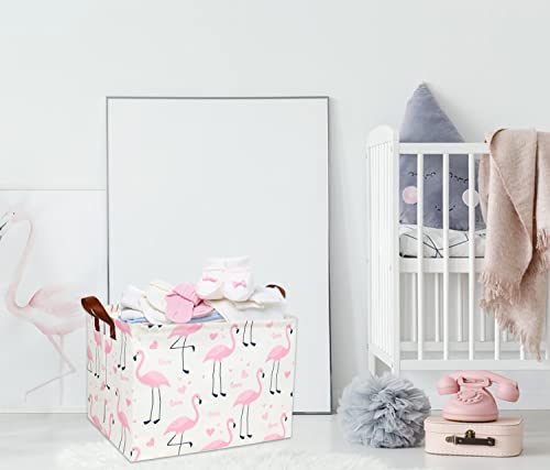 Image of Flamingo Pink Basket Nursery Storage Basket Rectangular Cute Pattern Storage Bin Organizer Book Shelf Basket Flamingo Room Decor(Love Flamingo)
