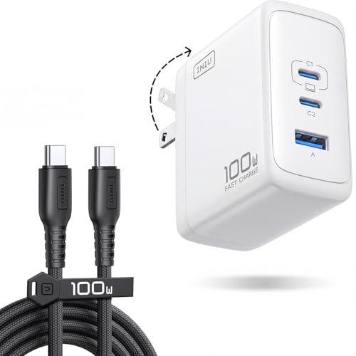 Image of INIU 100W GaN USB C Charger, 3-Port Compact Fast Charging Block with 5ft 100W USB C Cable, Foldable Travel Laptop Charger for MacBook Pro Air 15 14, iPhone 17 16 Pro Max Samsung S26 S25 Dell etc White