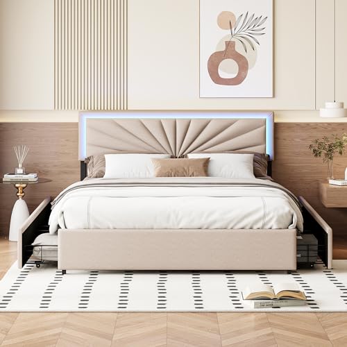 RTYUSWL Struttura letto da 160 x 200 cm, con luce sulla testiera, letto imbottito beige, con 4 cassetti, struttura letto a LED con testiera in lino, struttura di supporto a doghe in legno, per la casa