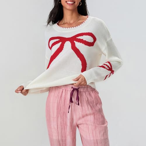 Image of Women Cute Bow Knit Sweater Y2k Long Sleeve Crew Neck Knitted Pullover Top Oversized Going Out Fall Winter Knitwear