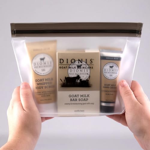 Image of Dionis Goat Milk Vanilla Bean Hand Cream, Body Lotion, Whipped Body Scrub, Shave Butter, Bar Soap 6 oz & Carrying Case 6-Piece Travel Set