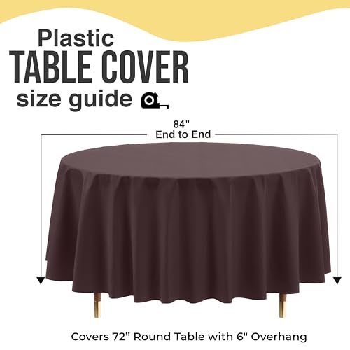 Image of Exquisite 66% Thicker Premium Brown Round Tablecloth 0.5 Mil 24 Pack Plastic Table Cloth Disposable 84 Inch Round Plastic Tablecloth Won't Tear Easily Like Cheap Thin Brands