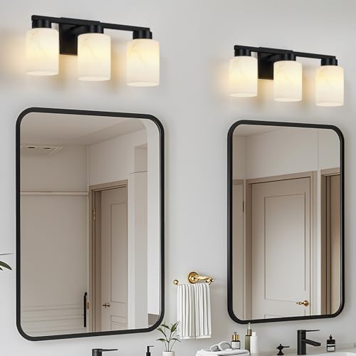 Image of 3-Light Bathroom Light Fixtures, Modern Vanity Lights, Black Metal Wall Lamp with Handcrafted Art Glass for Bathroom, Mirror, Living Room, Bedroom, Cabinet, Porch, Hallway, E26 Base