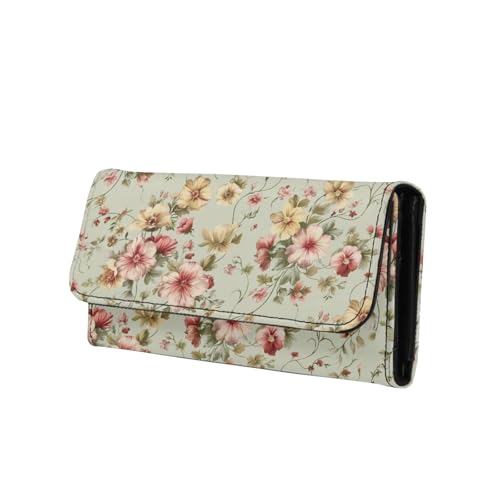 Vintage Floral Large Long Slim Wallets for Women, Retro Countryside Style Flowers Card Holder Ladies Tri-fold Clutch Zipper Pocket with ID Card Transparent Slot