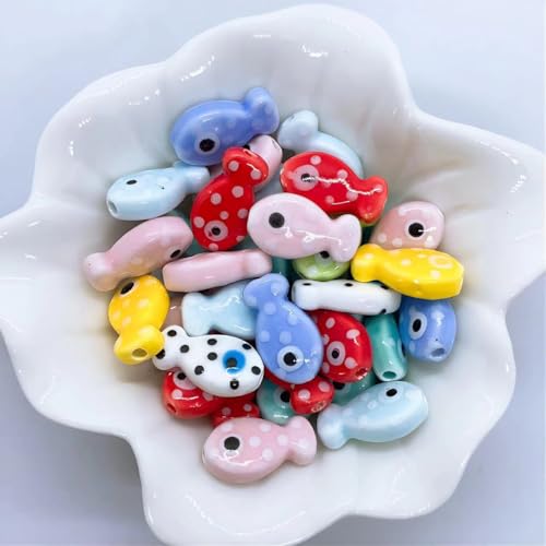 Decoendiy 50Pcs Porcelain Ceramic Fish Beads Ocean Sea Beach Animal Beads Fish Shaped Printed Loose Spacer Bead for DIY Necklaces Bracelets Crafts Supplies (Mix)