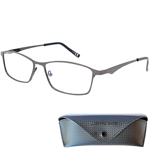 Mini Brille, Elegant Metal Reading Glasses with Rectangle Lenses, Including FREE Case, Stainless Steel Frame (Graphite)