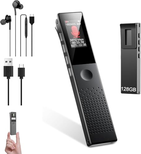 128GB Digital Voice Recorder with Playback, Ai Noise Reduction, Voice Activated Recording, Password Protection, MP3 Player, One-Touch Operation, USB-C, for Lectures, Meetings, Interviews, Classes