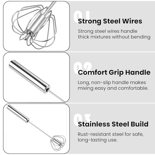 AEX Premium Semi-Automatic Egg Whisk Stainless Steel Push Action Hand Whisk Manual Kitchen Mixer Beater for Cooking, Baking, Cream Whipping, Frothy Coffee, and Blending | Durable Design - Image 4