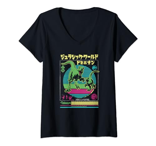 T-shirt col en V Jurassic World style kanji rétro pour vos sorties urbaines