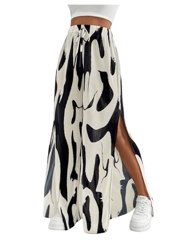 OYOANGLE Women's All Over Print High Split Pleated Long Pants Elastic High Waist Wide Leg Casual Trousers