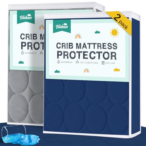 Image of Biloban Crib Mattress Protector 2 Pack, Waterproof, Durable, Grey & Navy, Absorbent, Noiseless, Fits Standard 28 x 52 x 5 Inch Mattresses