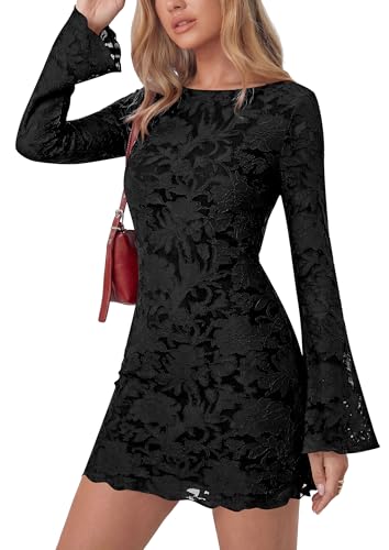 Image of PRETTYGARDEN Women's Fall Floral Long Sleeve Mini Dress | Printed Sheer Mesh, Bell Sleeve Boat Neck, Bodycon Short Dresses, Party Date Night, Cute Casual Outfits, Fashion Clothing