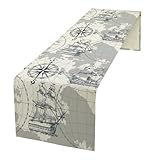 XBDDZSW Nautical Sailboat Map Table Runner, Sketch Pirate Ship Wheel Compass Patterns Printed Linen Table Runner for Home Kitchen Dining Table Decoration 13x36 Inch