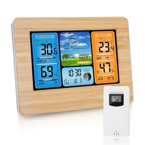 Viitech Wetterstation Funk mit Außensensor, Großes Farbdisplay Wireless Digital Wecker Barometer Weather Station Temperatur-Feuchtigkeits-Monitor Wettervorhersage (Bambus)