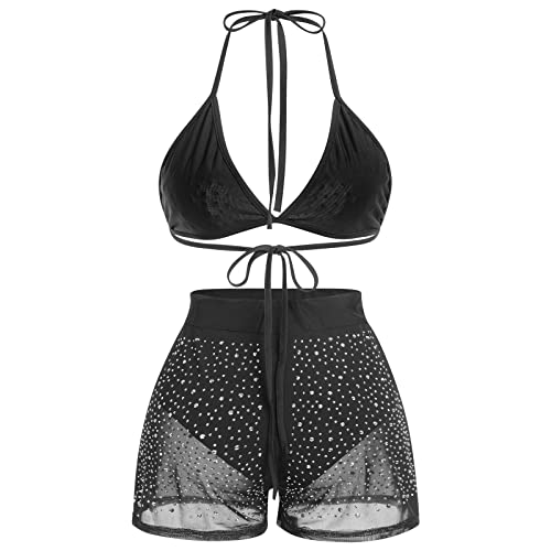 Women Sparkle Rhinestone Mesh Sheer Bikini Sets Halter Bra Top High Waist Shorts Bottom Swimsuits Rave Outfit2
