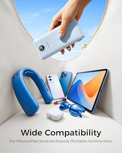 Image of VEGER Portable Charger with Built-in AC Plug and Cables, All in One 10000mAh Ultra Slim Power Bank Travel Essentials, USB C External Battery Pack Compatible with iPhone, Samsung, More, Blue