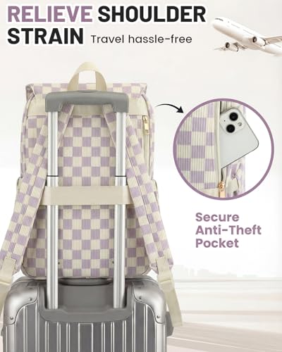 Image of Corduroy Laptop Backpack for Women, Fits 15.6 Inch Computer Bag, College High School Bookbag Travel Daypack Purse, Work Business Bags - Corduroy Checkered Purple