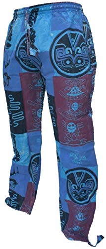Gheri Mens Hemp Cotton Tribal Patchwork Gecko Print Aztec Symbols Loose Straight Trouser Pants3