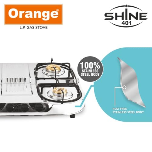 Image of Orange 4 Burner Stainless Steel Gas Stoves Manual (Shine) | Silver | Spill Proof | Ergonomic Knobs | Tri-Pin Brass Burners (ISI Certified)