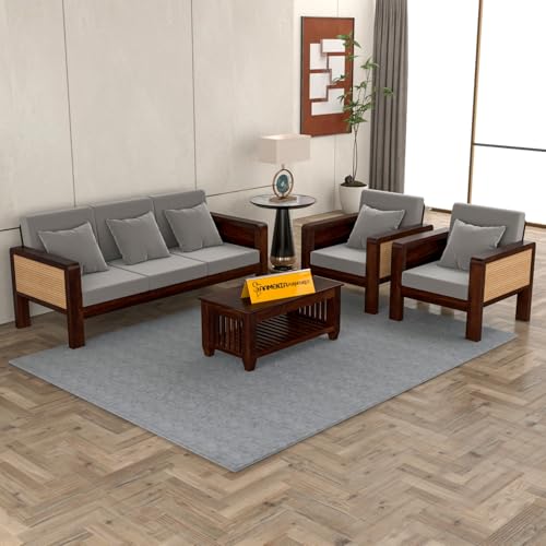 Image of Sheesham Wooden 5 Seater Sofa for Living Room | Solid Wood Sofa with Cane Side Panel | Rosewood Sofa Set for Home & Office | Lounge (Walnut Finish, 3+1+1 Seater)