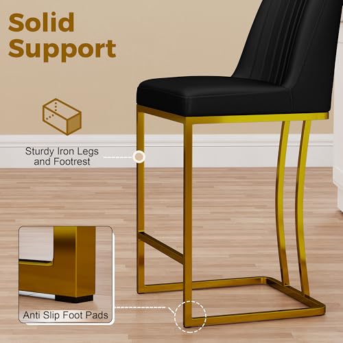Image of LSSBOUGHT Counter Height Bar Stools Set of 2, Black Counter Stools with Back and Gold Metal Frame,Modern Barstools with Footrest, Upholstered Pu Bar Chairs for Kitchen Island(2pcs,Black)