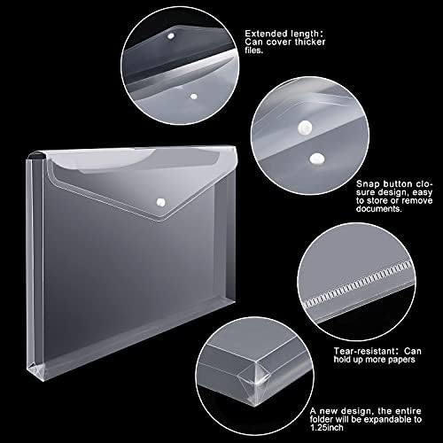 EOOUT 12pcs Plastic Envelopes, Clear Folders, Expandable Gusset and Plastic Waterproof Envelope with Snap Button Closure, Letter Size, A4 Size, for School and Office Suppiles