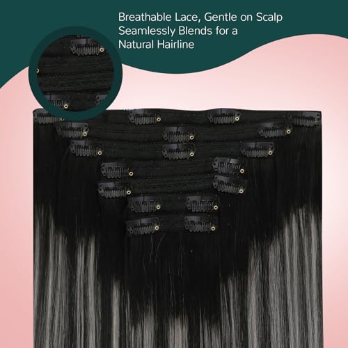 Image of Easyouth Clip in Hair Extensions Real Human Hair Ombre Clip in Extension Blend of Black and Silver with Black Roots Clips on Human Hair Extension Easy to Wear 20 Inch 5Pcs 80G