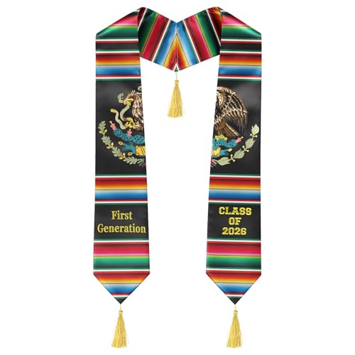 Aomutrsn Embroidered Mexican Flag First Generation Graduation Stole with Gift Box Mexico Graduation Sash Class of 2026 Unisex Satin Stole 75 in Length for Graduates