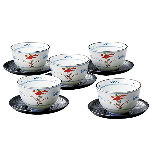 日本陶彩 湯呑み 赤 165ml 染赤絵 茶托付セット 47580250 5個入