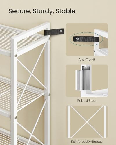 Image of SONGMICS 5-Tier Steel Storage Rack, Shelving Unit with X Side Frames | Dense Mesh, 12.6 x 23.6 x 57.3 Inches, for Entryway, Kitchen, Living Room, Bathroom, Cloud White UBSC165W01