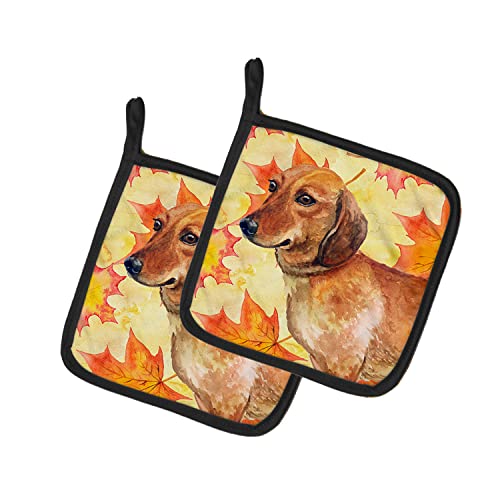 Caroline's Treasures BB9913PTHD Dachshund Fall Pair of Pot Holders, Yellow Kitchen Heat Resistant Pot Holders Sets Oven Hot Pads for Cooking Baking BBQ, 7 1/2 x 7 1/2